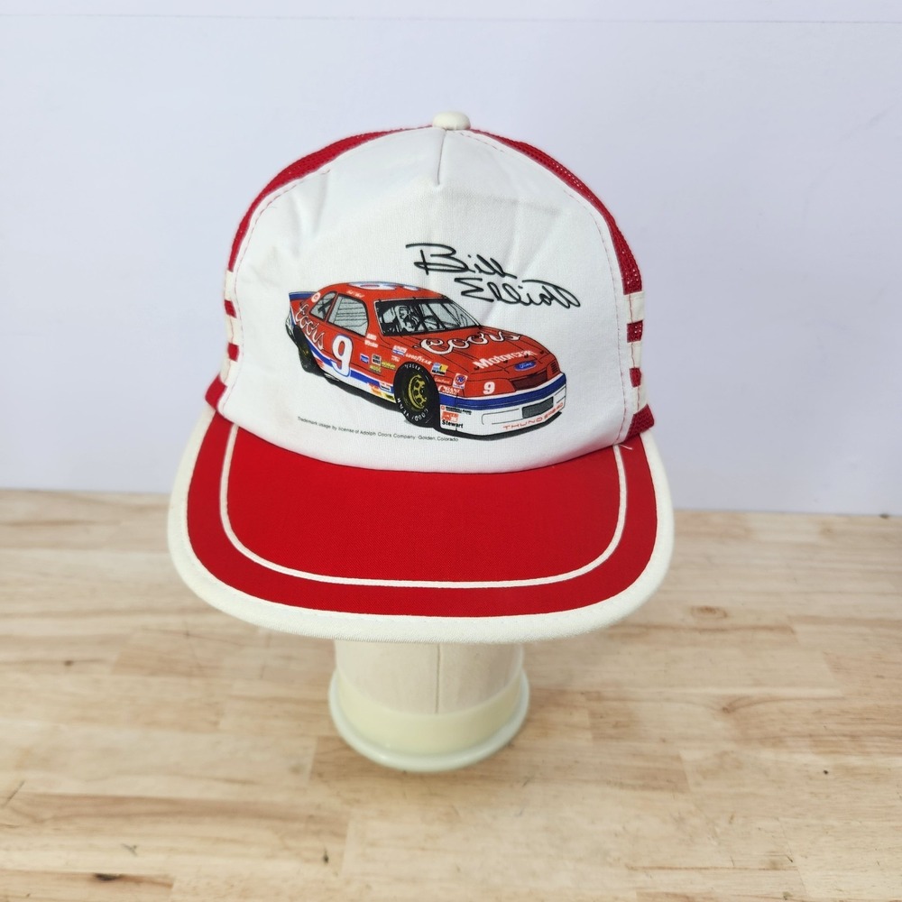 Vintage Bill Elliott 3 Stripe Trucker Hat Snapback Nascar Racing Red White